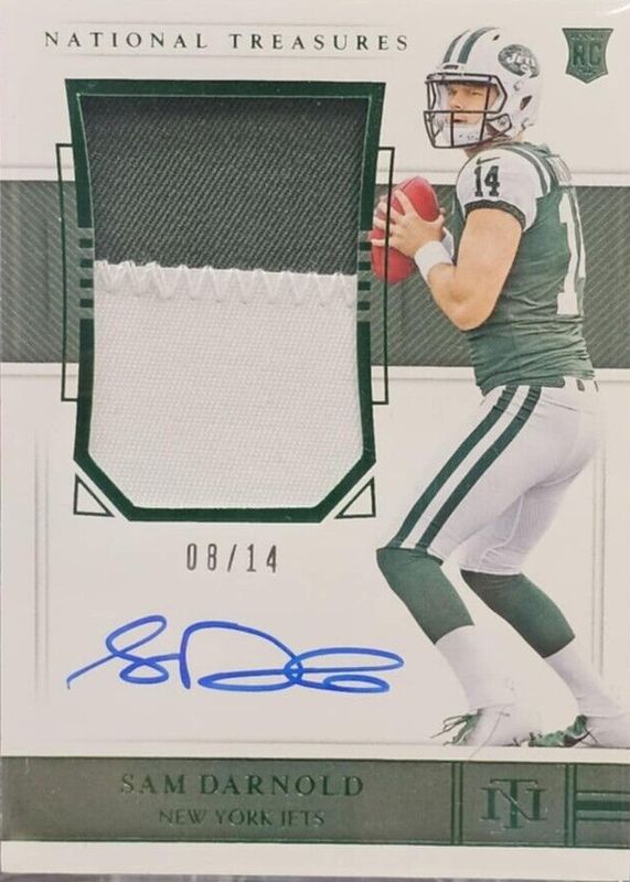 Sam Darnold 2018 National Treasures #162 Rookie Patch Auto - Green Jersey Number (/14) PSA 10