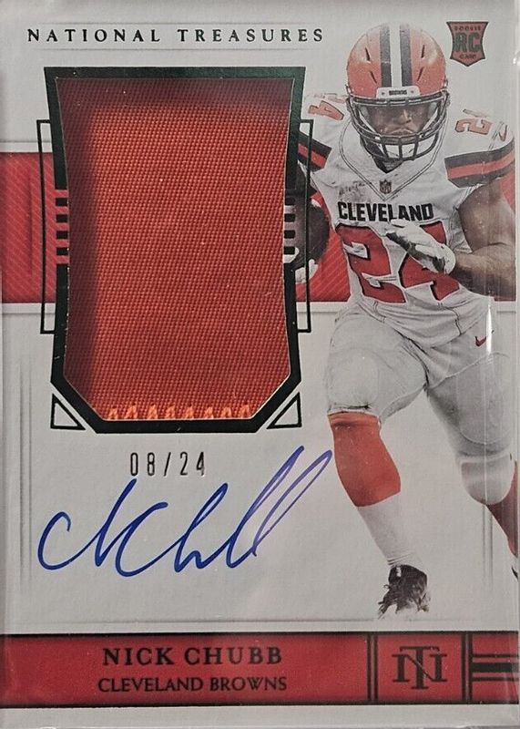 Nick Chubb 2018 National Treasures #172 Rookie Patch Auto - Green Jersey Number (/24) PSA 10