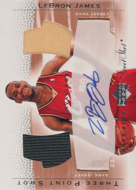 LeBron James 2003 Upper Deck Sweet Shot #LJ-3 Three-Point Shot Jersey Autographs (/23) Rookie RAW