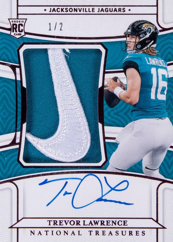 Trevor Lawrence 2021 National Treasures #156 Rookie Patch Auto - Red Brand Logo /2 RAW