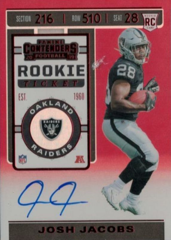 Josh Jacobs 2019 Contenders #106 Rookie Ticket Auto - Red Zone Rookie PSA 10