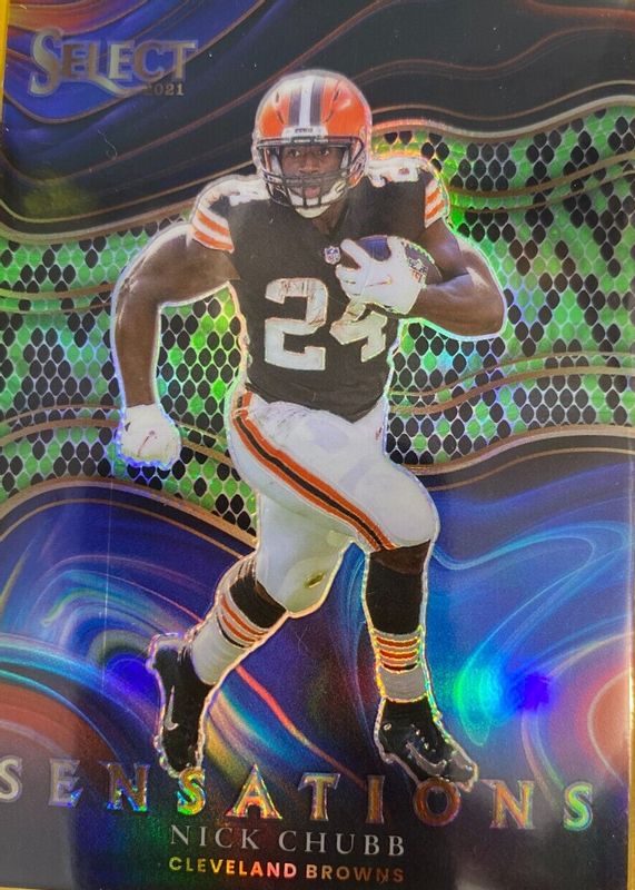 Nick Chubb 2021 Select #SEN-13 Sensations - Green & Black Snakeskin /2 RAW