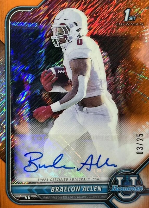 Braelon Allen 2021 Bowman University #BCPA-BA Chrome Prospect Auto - Orange Shimmer Refractor /25 (1st) PSA 10