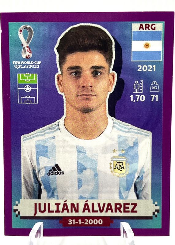 Julian Alvarez 2022 Panini World Cup Stickers #ARG15 Purple (1:205) Rookie PSA 10