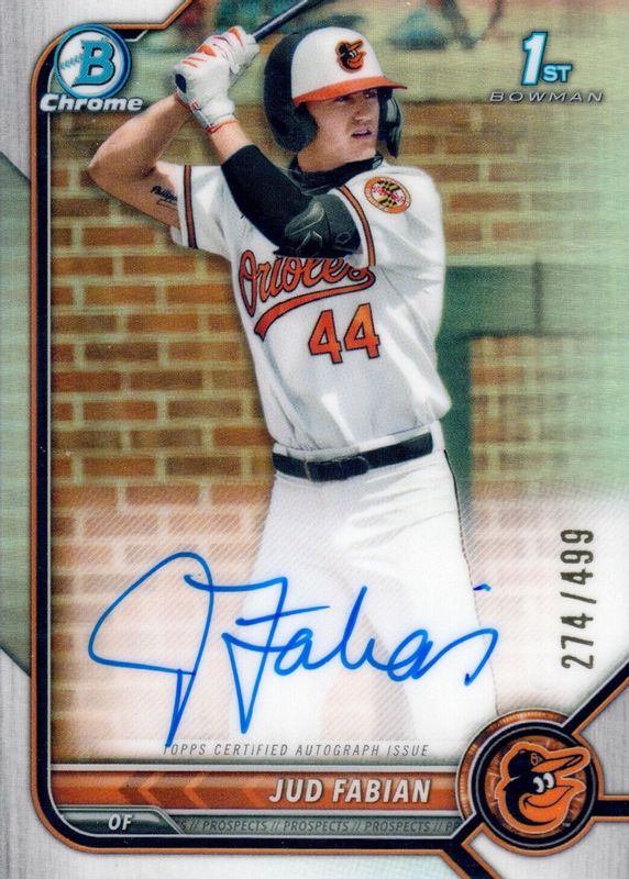 Jud Fabian 2022 Bowman Draft #CDA-JF Chrome DP Auto - Refractor /499 (1st) PSA 10