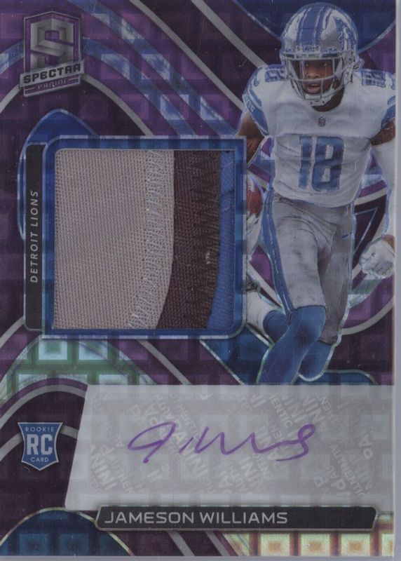 Jameson Williams 2022 Spectra #207 Rookie Patch Auto - Neon Purple /30 Rookie RAW