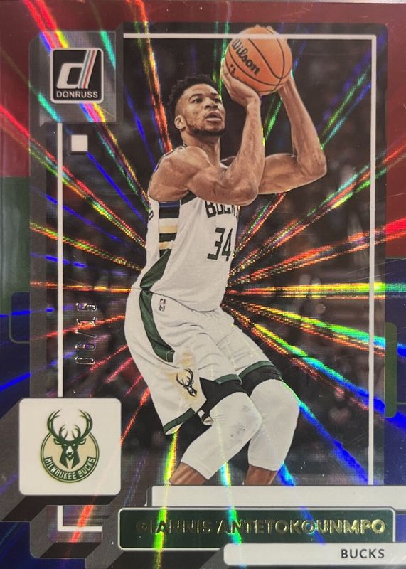 Giannis Antetokounmpo 2022 Donruss #53 Holo Red & Blue Laser /15 PSA 10