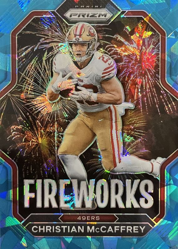 Christian McCaffrey 2022 Prizm #F-10 Fireworks - Blue Ice /99 PSA 10