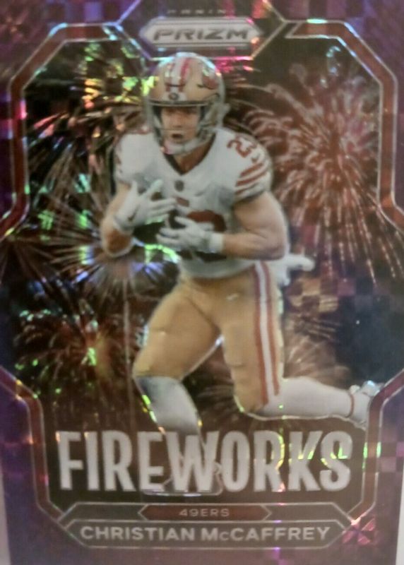 Christian McCaffrey 2022 Prizm #F-10 Fireworks - Purple Power /49 PSA 9