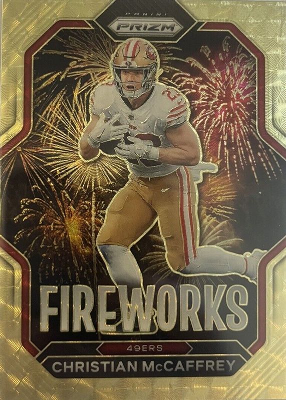 Christian McCaffrey 2022 Prizm #F-10 Fireworks - Gold Vinyl /5 PSA 10