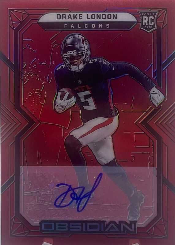 Drake London 2022 Obsidian #112 Rookie Autographs - Electric Etch Red Flood /6 Rookie PSA 10