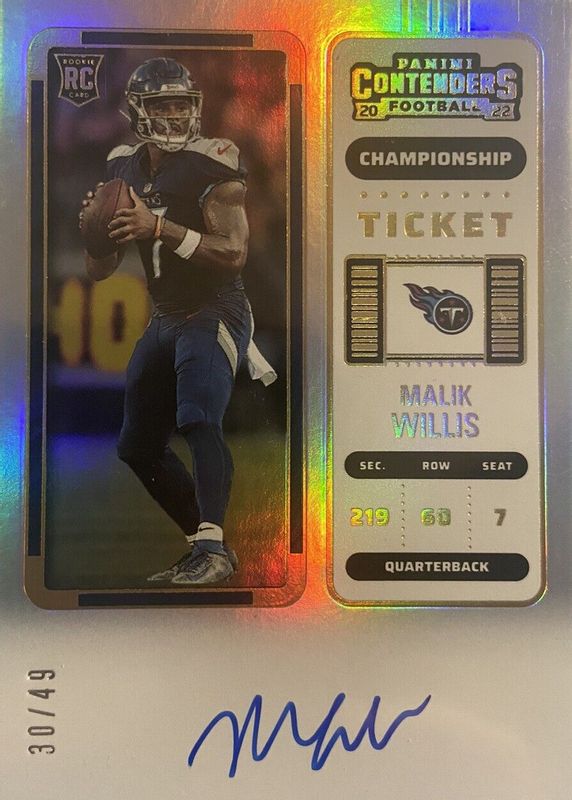 Malik Willis 2022 Contenders #129 Rookie Ticket Auto - Championship Ticket /49 Rookie RAW