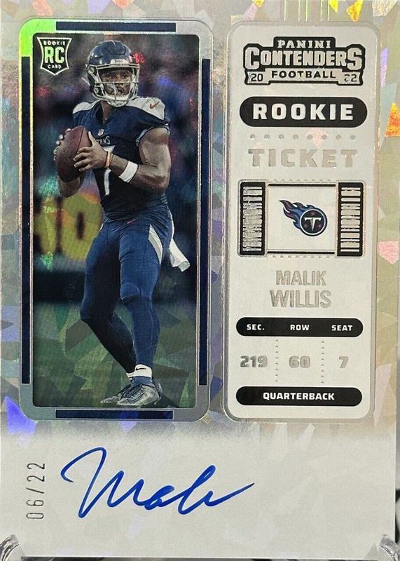 Malik Willis 2022 Contenders #129 Rookie Ticket Auto - Cracked Ice Ticket /22 RAW
