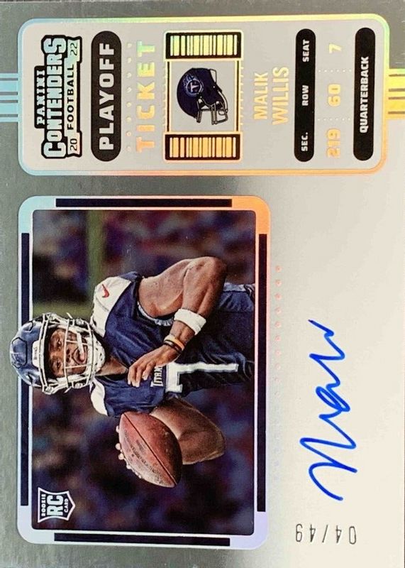 Malik Willis 2022 Contenders #129 Rookie Ticket Auto Variation - Playoff Ticket /49 RAW