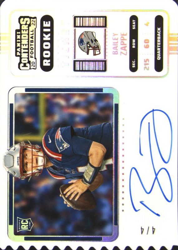 Bailey Zappe 2022 Contenders #104 Rookie Ticket Auto Variation - Ticket Stub (/4) RAW