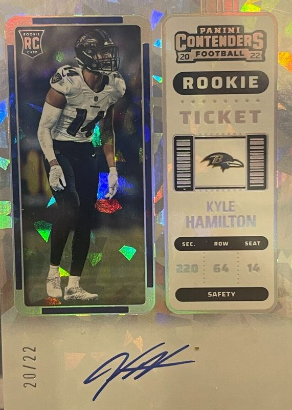 Kyle Hamilton 2022 Contenders #128 Rookie Ticket Auto - Cracked Ice /22 Rookie RAW