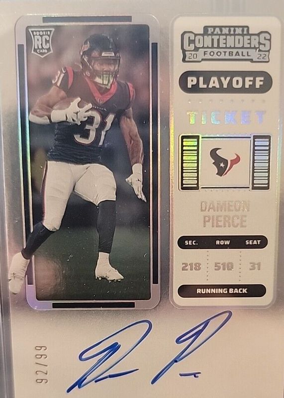 Dameon Pierce 2022 Contenders #111 Rookie Ticket Auto - Playoff Ticket /99 Rookie BGS 10 PRISTINE