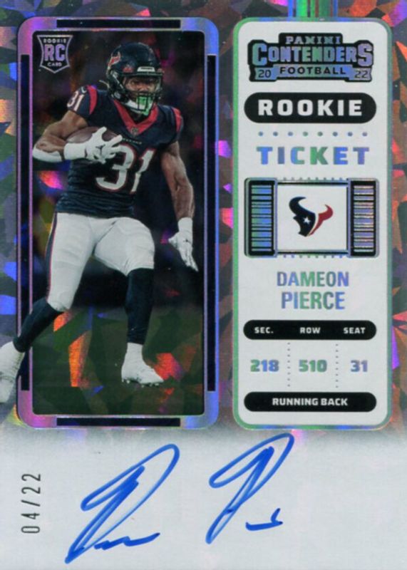 Dameon Pierce 2022 Contenders #111 Rookie Ticket Auto - Cracked Ice /22 Rookie PSA 10