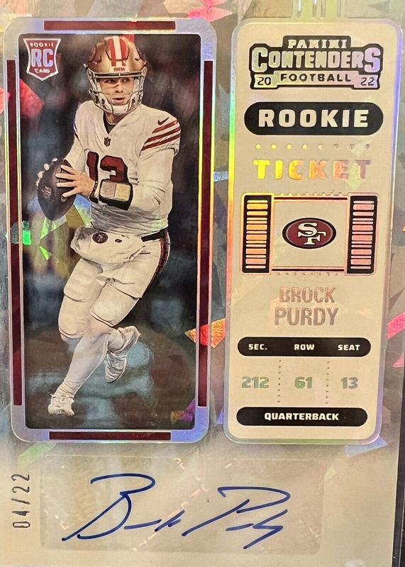 Brock Purdy 2022 Contenders #263 Rookie Ticket Auto - Cracked Ice Ticket /22 PSA 10