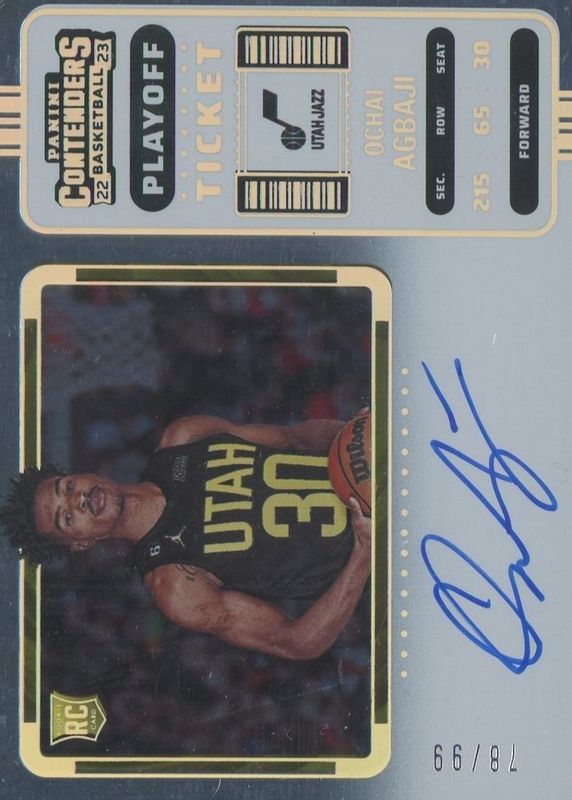 Ochai Agbaji 2022 Contenders #104 Rookie Ticket Auto Variation - Playoff Ticket /99 PSA 10