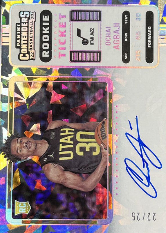 Ochai Agbaji 2022 Contenders #104 Rookie Ticket Auto Variation - Cracked Ice Ticket /25 RAW