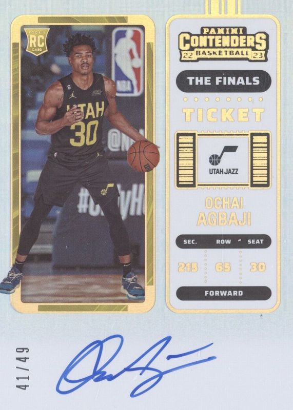 Ochai Agbaji 2022 Contenders #104 Rookie Ticket Auto - The Finals Ticket /49 PSA 10