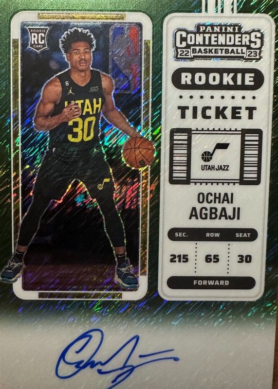 Ochai Agbaji 2022 Contenders #104 Rookie Ticket Auto - Premium Green Shimmer Rookie PSA 10