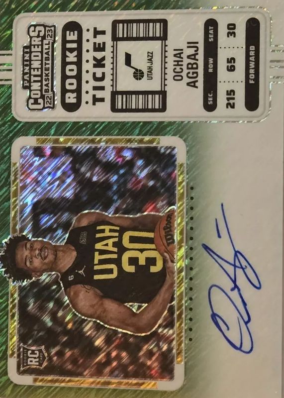 Ochai Agbaji 2022 Contenders #104 Rookie Ticket Auto Variation - Premium Green Shimmer Rookie SGC 9.5