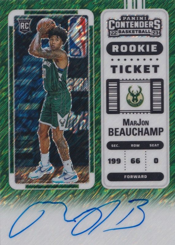 MarJon Beauchamp 2022 Contenders #143 Rookie Ticket Auto - Premium Green Shimmer RAW