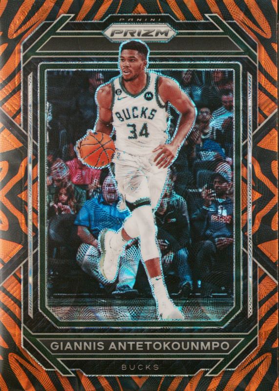 Giannis Antetokounmpo 2022 Prizm #96 Choice Tiger Stripe /(SSP) PSA 9