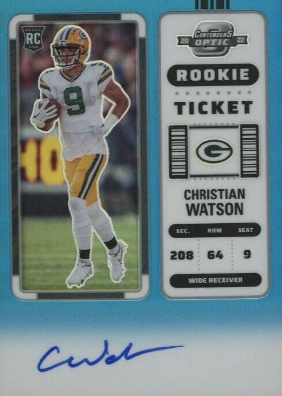 Christian Watson 2022 Contenders Optic #110 Rookie Ticket Auto - Teal /99 Rookie PSA 10