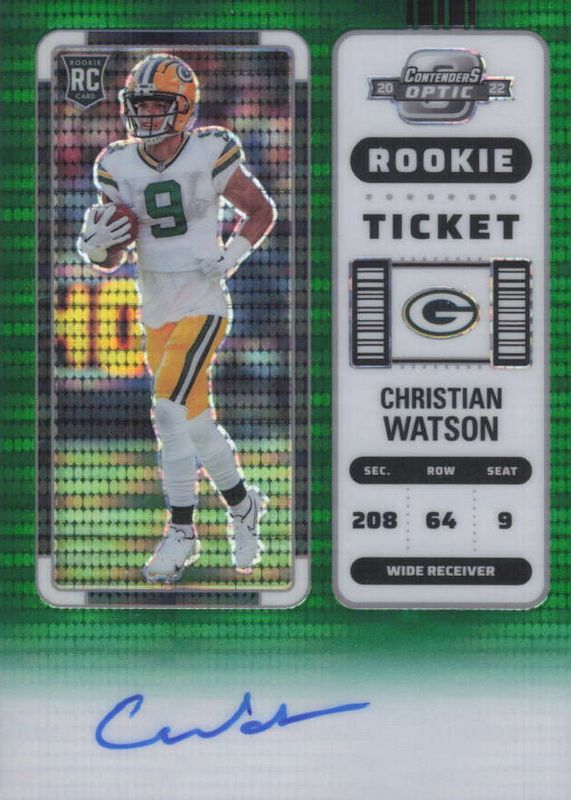 Christian Watson 2022 Contenders Optic #110 Rookie Ticket Auto - Green Pulsar /30 PSA 10