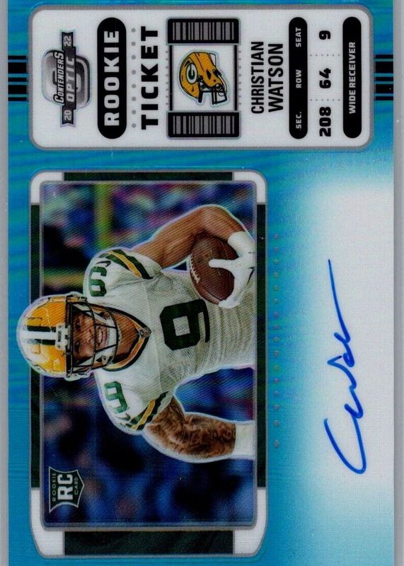 Christian Watson 2022 Contenders Optic #110 Rookie Ticket Auto Variation - Teal /30 Rookie PSA 10