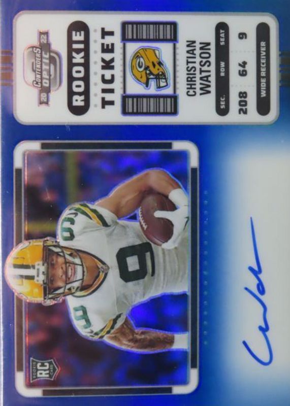 Christian Watson 2022 Contenders Optic #110 Rookie Ticket Auto Variation - Blue /25 Rookie SGC 10