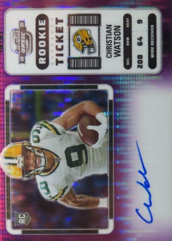 Christian Watson 2022 Contenders Optic #110 Rookie Ticket Auto Variation - Purple Pulsar /21 Rookie PSA 9