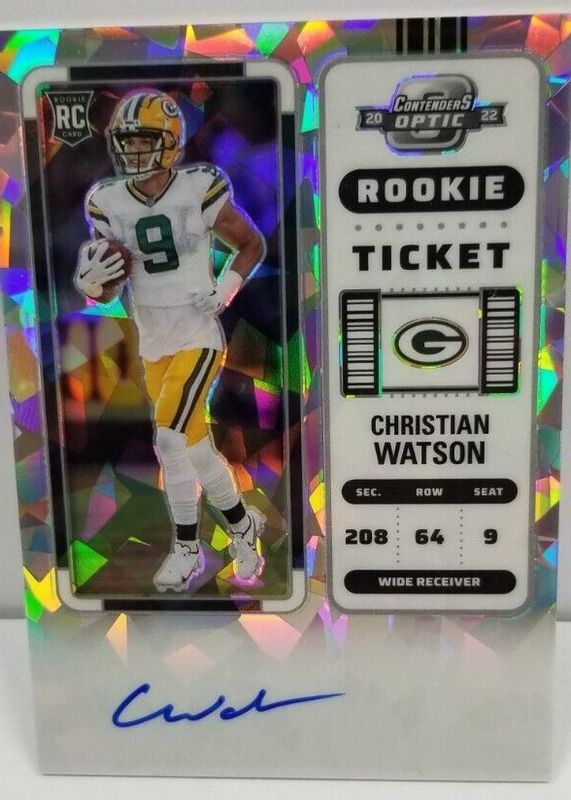 Christian Watson 2022 Contenders Optic #110 Rookie Ticket Auto - Cracked Ice Ticket /22 Rookie BGS 9.5