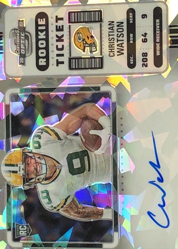 Christian Watson 2022 Contenders Optic #110 Rookie Ticket Auto Variation - Cracked Ice Ticket /22 Rookie RAW