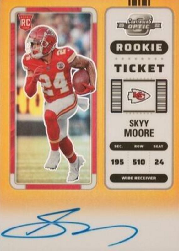 Skyy Moore 2022 Contenders Optic #134 Rookie Ticket Auto - Orange /50 Rookie PSA 10