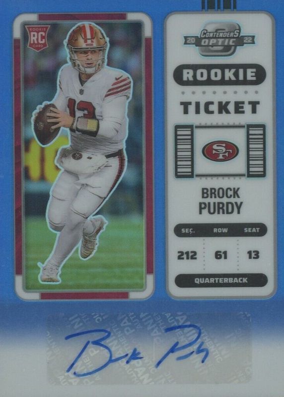 Brock Purdy 2022 Contenders Optic #146 Rookie Ticket Auto - Blue /75 PSA 10