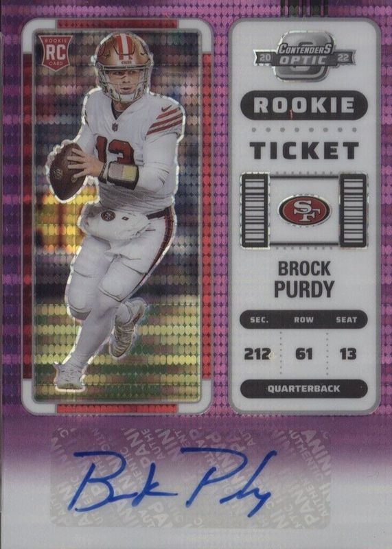 Brock Purdy 2022 Contenders Optic #146 Rookie Ticket Auto - Purple Pulsar /21 SGC 9