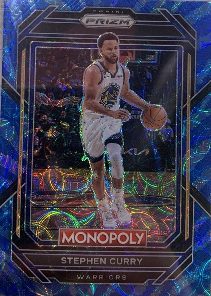 Stephen Curry 2022 Prizm Monopoly #28 Boardwalk Blue Tiger Stripe
