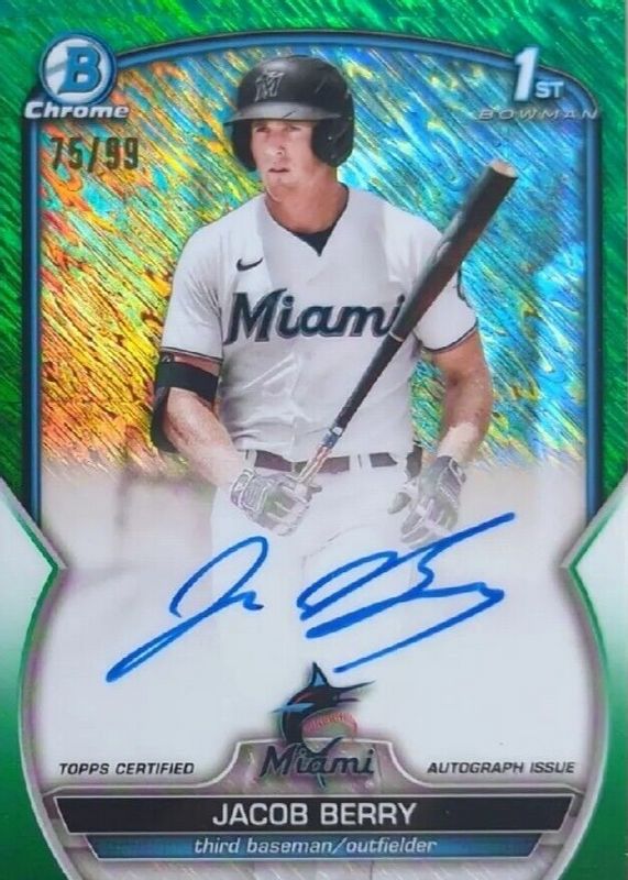 Jacob Berry 2023 Bowman #CPA-JB Chrome Prospect Auto - Green Shimmer Refractor /99 (1st) RAW
