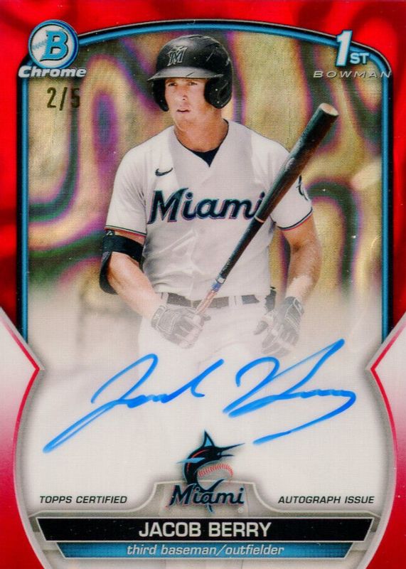Jacob Berry 2023 Bowman #CPA-JB Chrome Prospect Auto - Red Lava Refractor /5 (1st) RAW