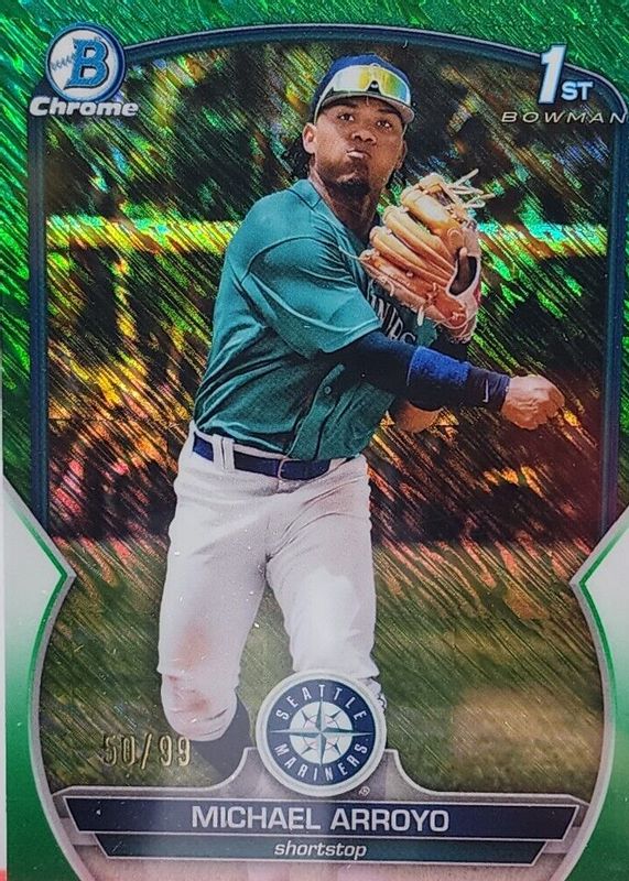 Michael Arroyo 2023 Bowman #BCP-63 Chrome Prospects - Green Shimmer Refractor /99 (1st) PSA 10