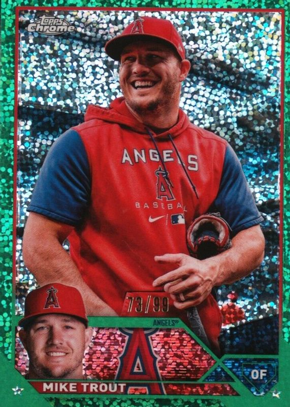 Mike Trout 2023 Topps Chrome #27 SP Variation - Green Speckle Refractor /99 (Wearing Hoodie) PSA 9