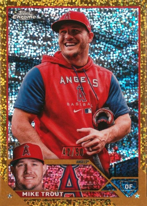 Mike Trout 2023 Topps Chrome #27 SP Variation - Gold Speckle Refractor /50 (Wearing Hoodie) SGC 10