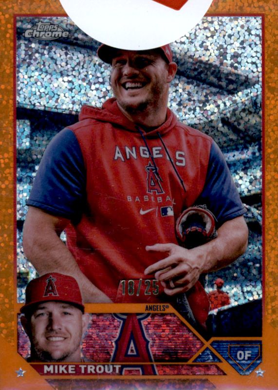 Mike Trout 2023 Topps Chrome #27 SP Variation - Orange Speckle Refractor /25 (Wearing Hoodie) PSA 10