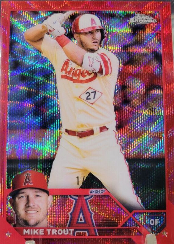 Mike Trout 2023 Topps Chrome #27 Red Wave Refractor /5 PSA 8