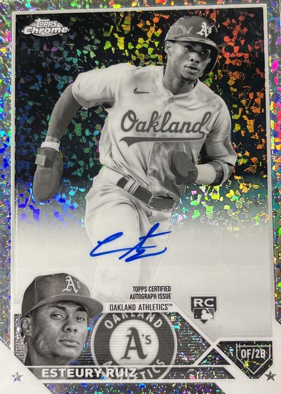 Esteury Ruiz 2023 Topps Chrome #RA-ERU Rookie Autographs - Black & White Mini-Diamond Refractor Rookie RAW