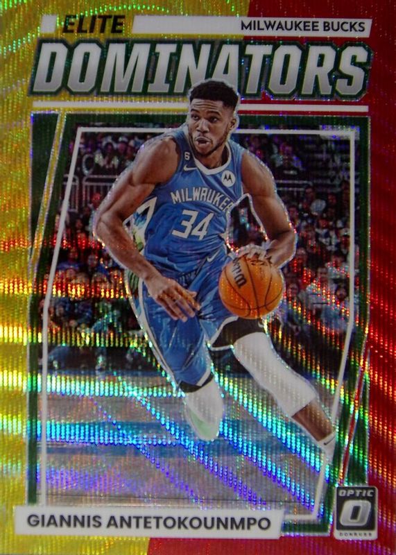 Giannis Antetokounmpo 2022 Optic #21 Elite Dominators - Red & Gold Wave /99 PSA 10